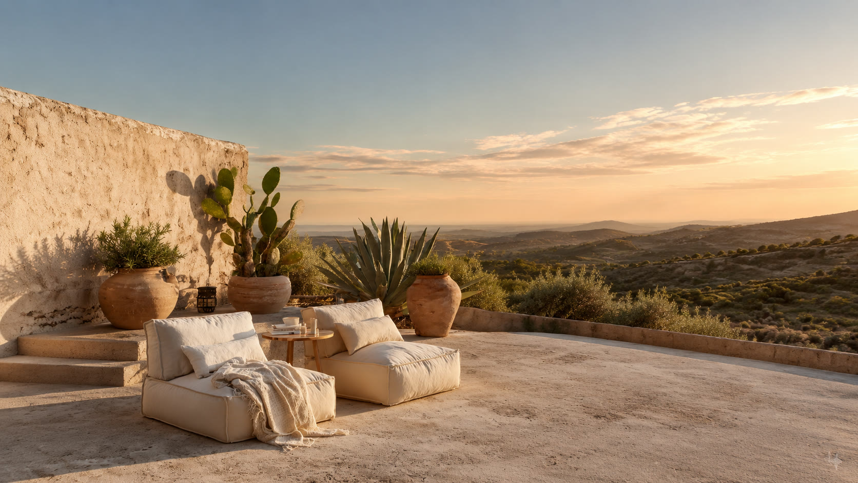 Sunset terrace lounge with large planters and Andalusian views