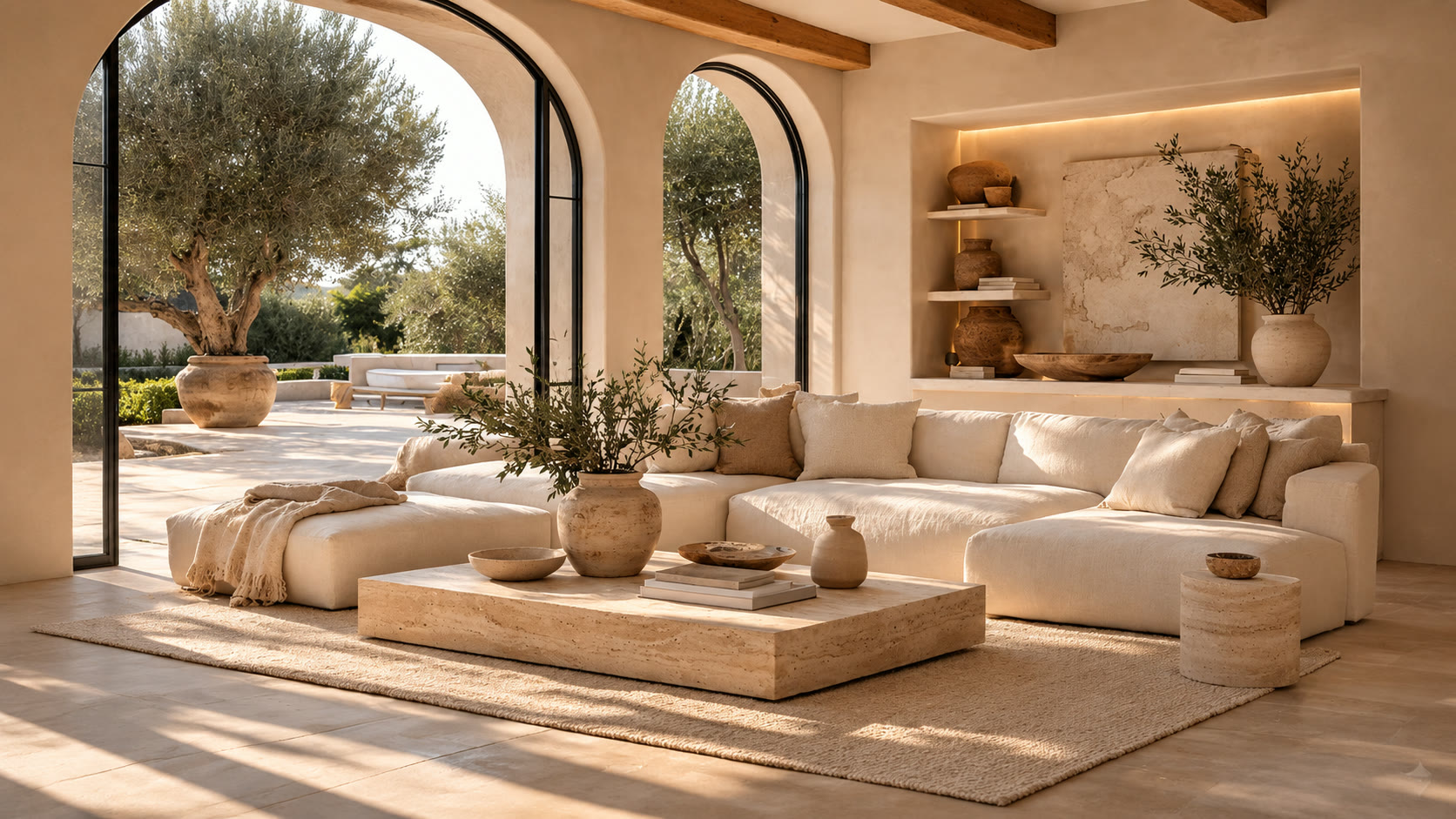 Sunlit Mediterranean living room styled with pottery and greenery