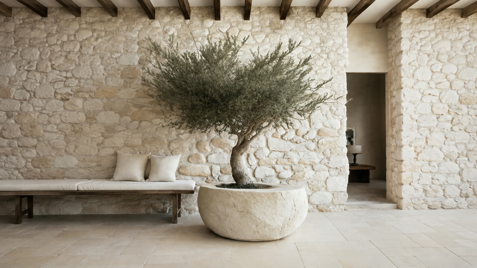 Sculptural olive tree in a hand-thrown pot beside a Mediterranean villa wall