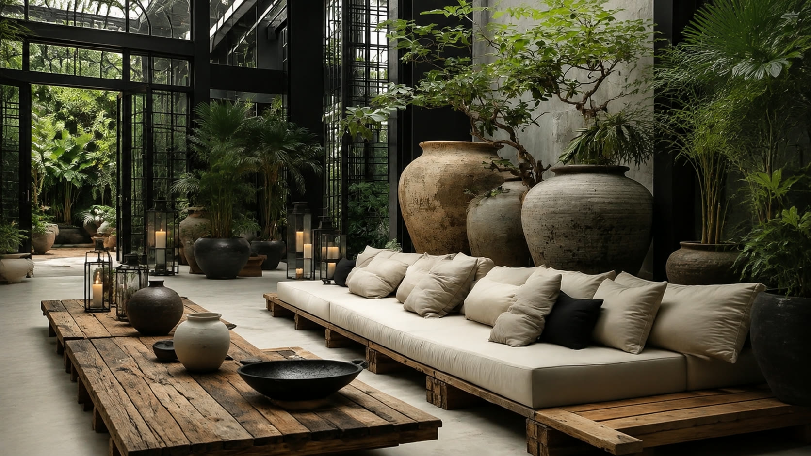 Indoor garden lounge with layered plants and ceramic vessels